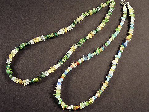 Left: Semi-precious mini chips necklace using Peridot, Citrine & Quartz $34.00 Right: Mini chip necklace using Cats' Eye 4mm beads in-between pieces.  $34.00 SOLD