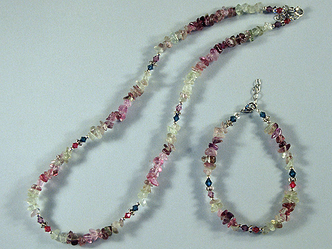 Flourite Chips in all three colours with Montana Sapphire & Amethyst Swarovski Crystals. Necklace $25.00  Bracelet $ 18.00
